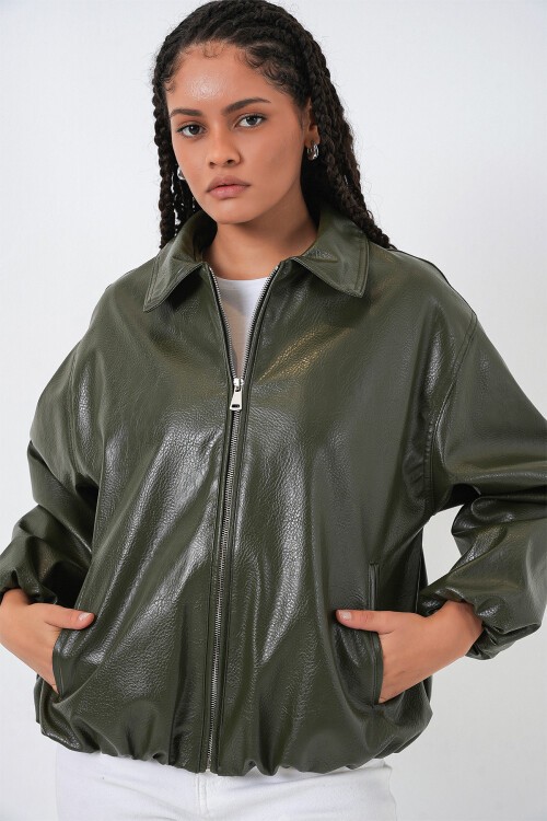 Kadın Oversize Suni Deri Ceket 1049 - Haki