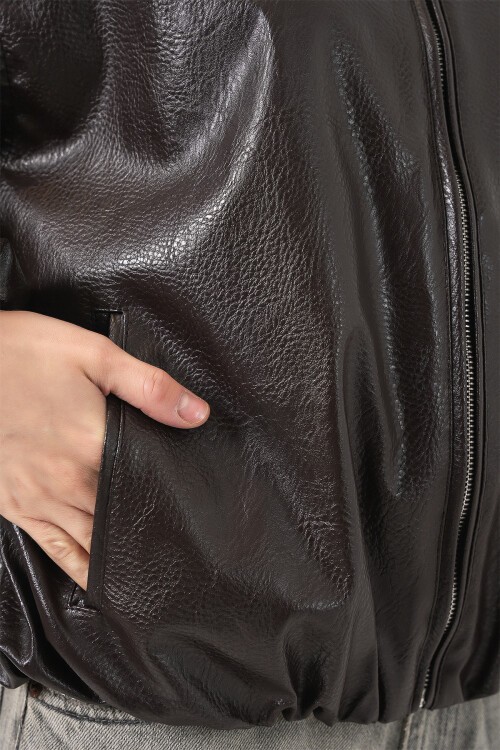 Kadın Oversize Suni Deri Ceket 1049 - Kahverengi