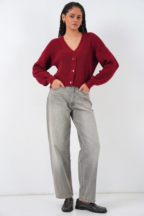 Kadın Oversize Triko Hırka 15966 - Bordo