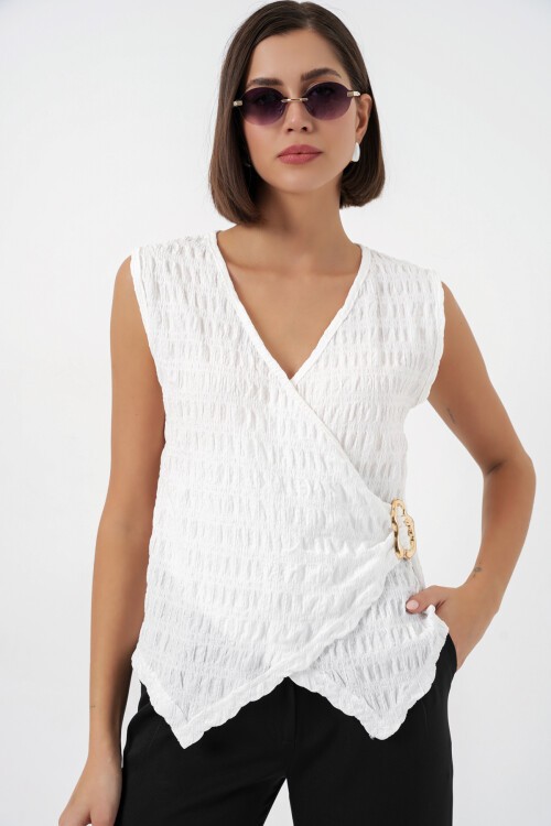 Kadın Sıfır Kol Örme Bluz 988 - Beyaz