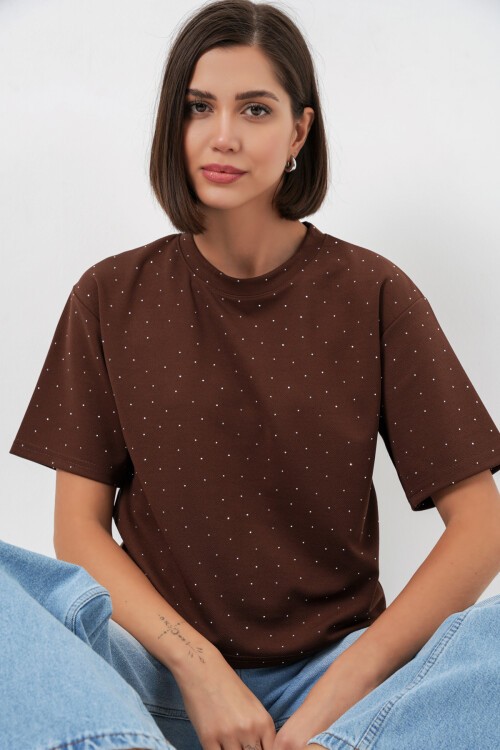 Kadın Taş Detaylı Tişört 990 - Kahverengi