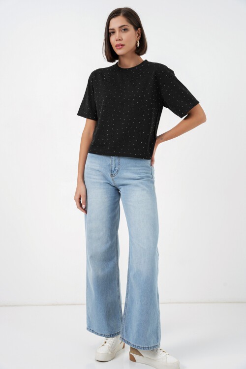 Kadın Taş Detaylı Tişört 990 - Siyah