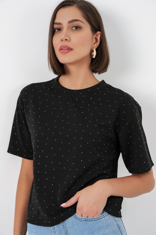 Kadın Taş Detaylı Tişört 990 - Siyah