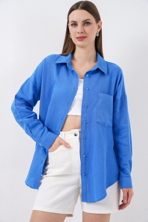 Kadın Tek Cepli Oversize Müslin Gömlek 20353 - Mavi