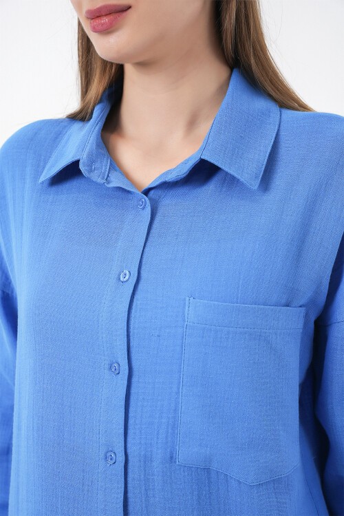 Kadın Tek Cepli Oversize Müslin Gömlek 20353 - Mavi