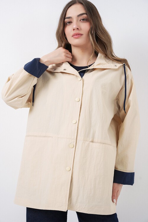 Kadın Teknik Kumaş Kapüşonlu Trençkot 5972 - Ekru