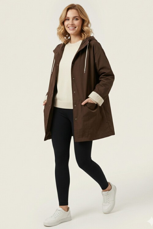 Kadın Teknik Kumaş Kapüşonlu Trençkot 5972 - Kahverengi