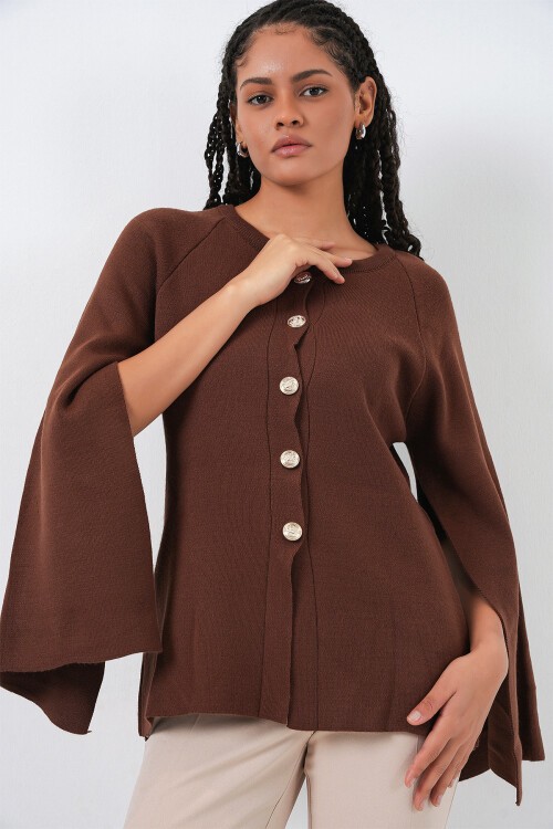 Kadın Triko Panço Hırka 15965 - Kahverengi