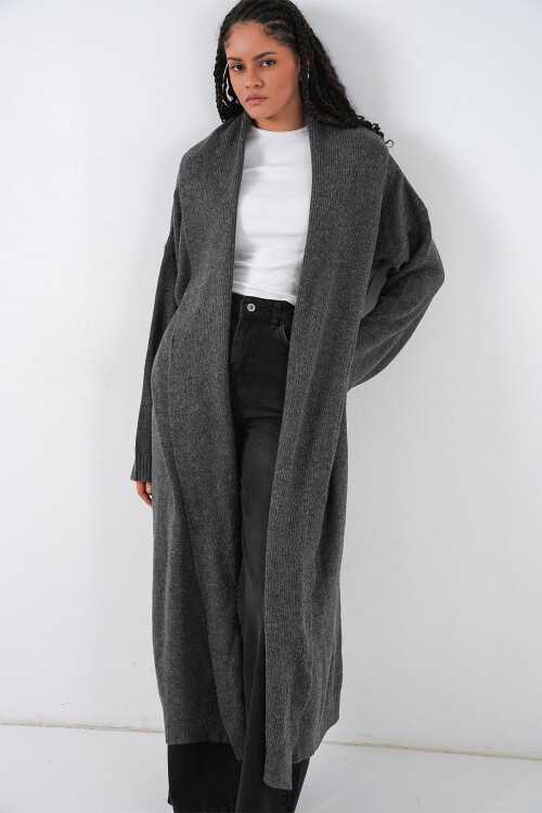 Kadın Uzun Oversize Triko Hırka 15924 - Antrasit
