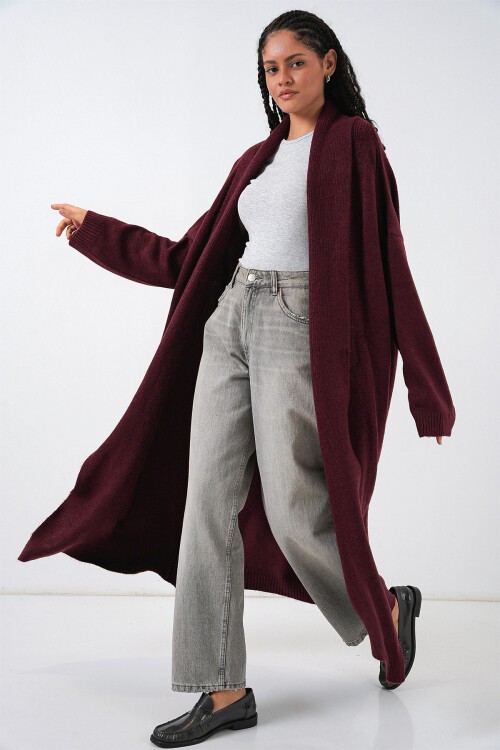 Kadın Uzun Oversize Triko Hırka 15924 - Bordo