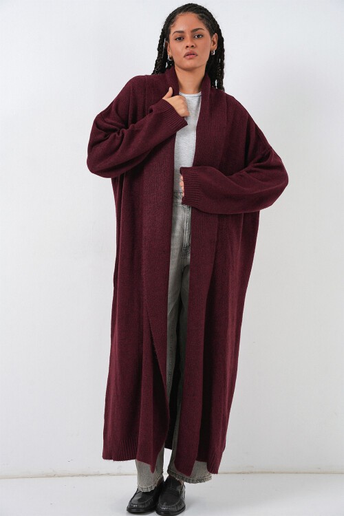 Kadın Uzun Oversize Triko Hırka 15924 - Bordo