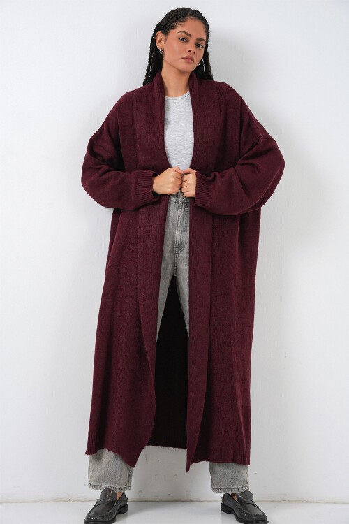 Kadın Uzun Oversize Triko Hırka 15924 - Bordo