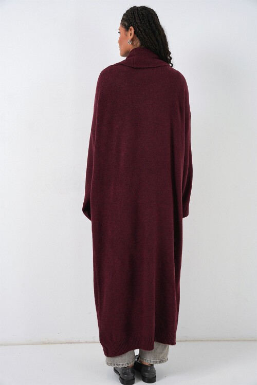 Kadın Uzun Oversize Triko Hırka 15924 - Bordo