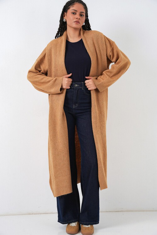 Kadın Uzun Oversize Triko Hırka 15924 - Hardal