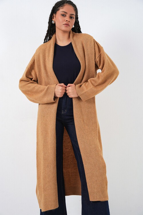 Kadın Uzun Oversize Triko Hırka 15924 - Hardal