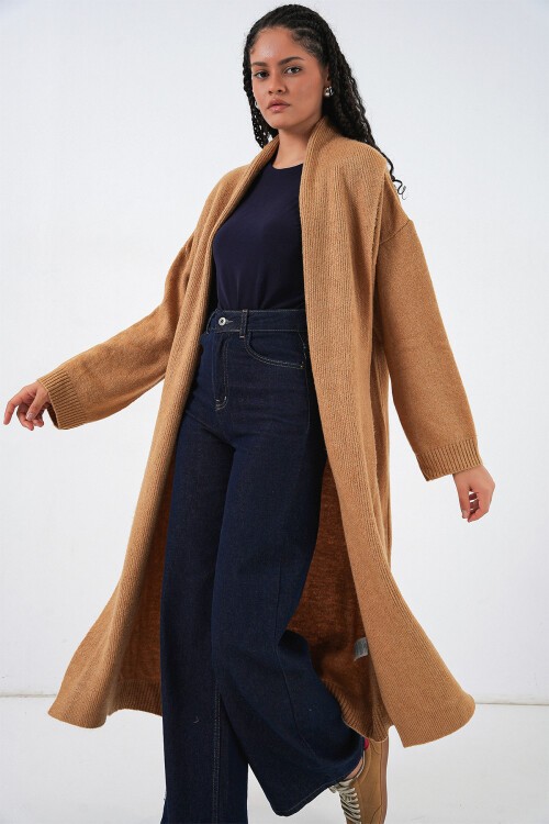 Kadın Uzun Oversize Triko Hırka 15924 - Hardal