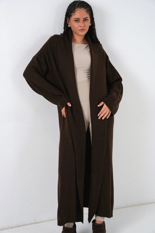 Kadın Uzun Oversize Triko Hırka 15924 - Kahverengi