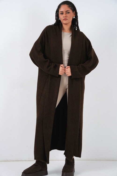 Kadın Uzun Oversize Triko Hırka 15924 - Kahverengi