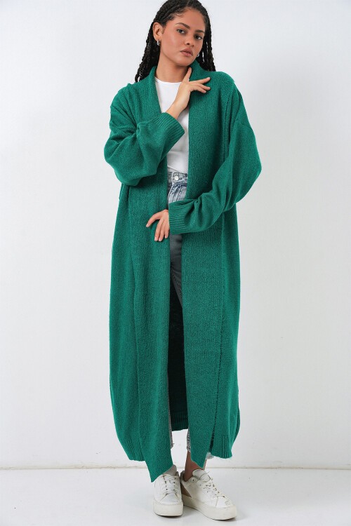 Kadın Uzun Oversize Triko Hırka 15924 - Zümrüt Yeşili