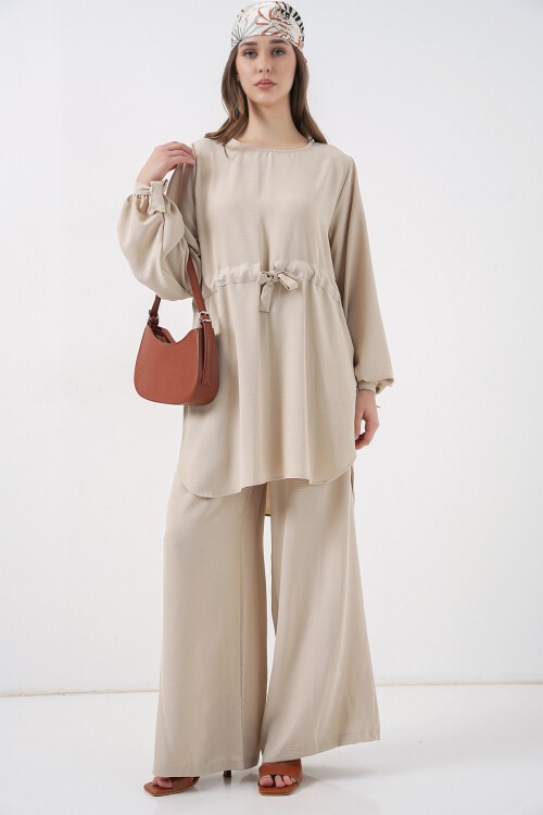 Kadın Uzun Tunik Pantolon İkili Takım 6719 - Krem