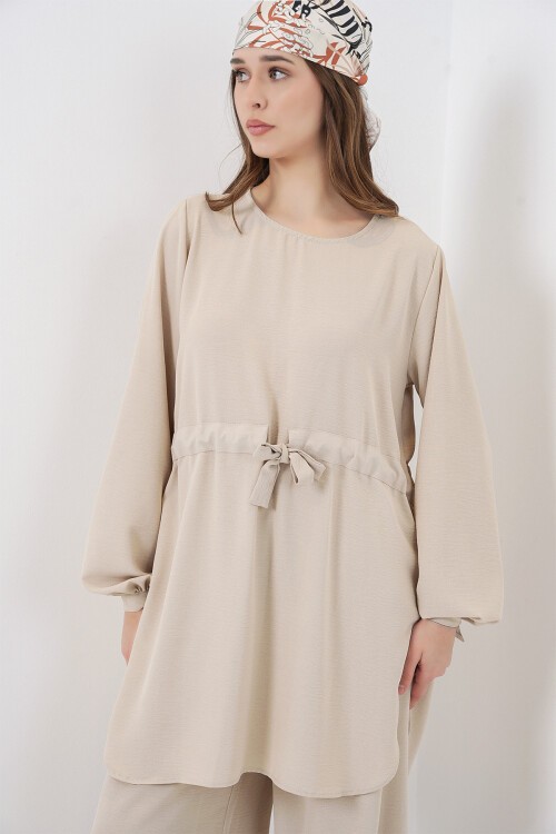 Kadın Uzun Tunik Pantolon İkili Takım 6719 - Krem