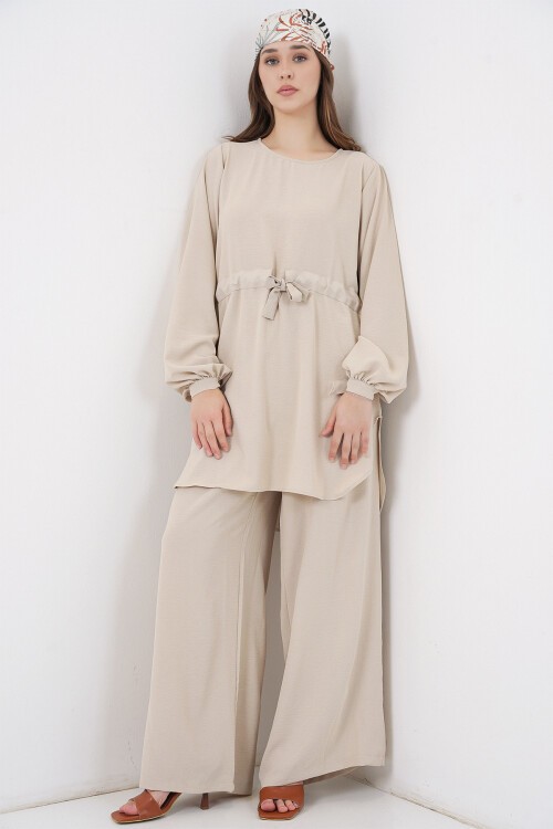 Kadın Uzun Tunik Pantolon İkili Takım 6719 - Krem