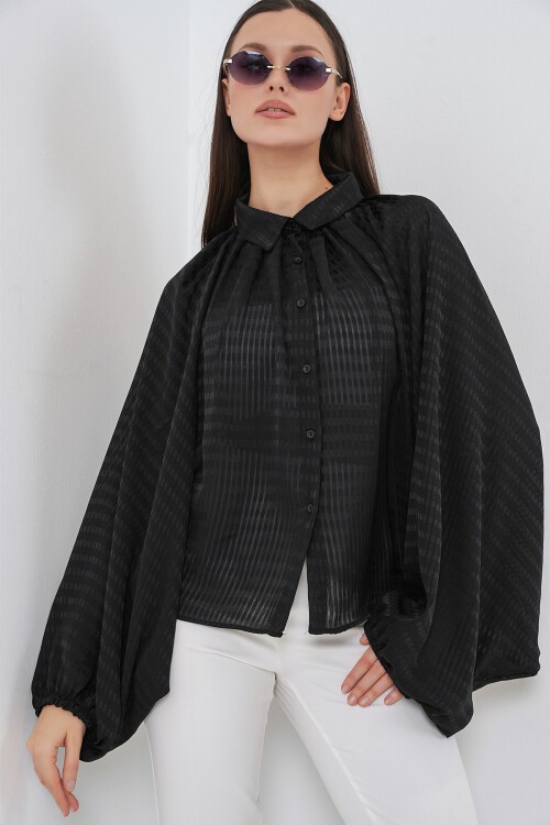 Kadın Yarasa Kol Oversize Gömlek 20368 - Siyah