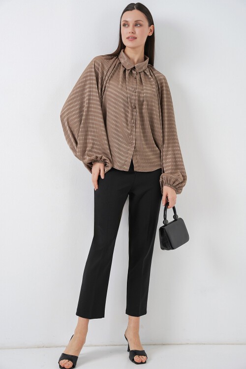 Kadın Yarasa Kol Oversize Gömlek 20368 - Sütlü Kahve