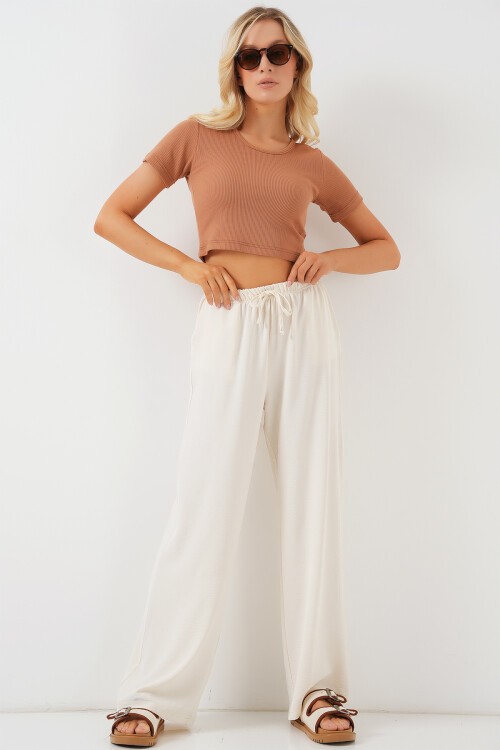 Kadın Yüksek Bel Bol Paça Pantolon - Krem