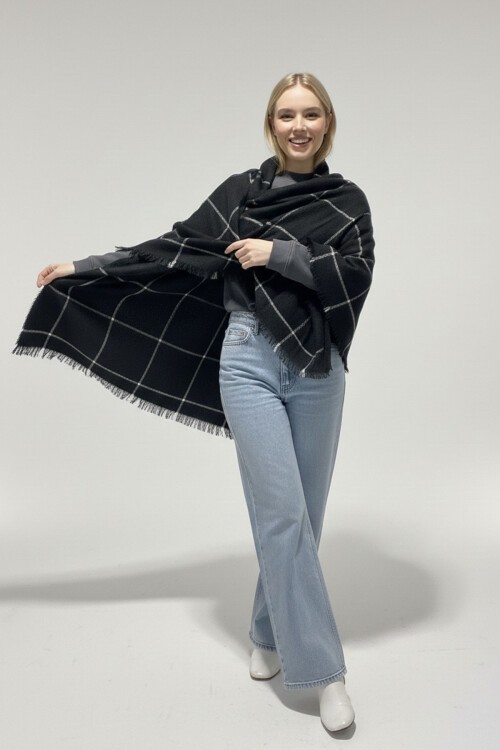 Kadın Yumuşak Dokulu Kalın Şal Atkı 15951 - Y.Siyah