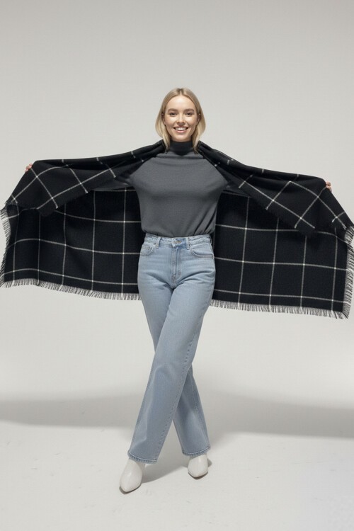 Kadın Yumuşak Dokulu Kalın Şal Atkı 15951 - Y.Siyah