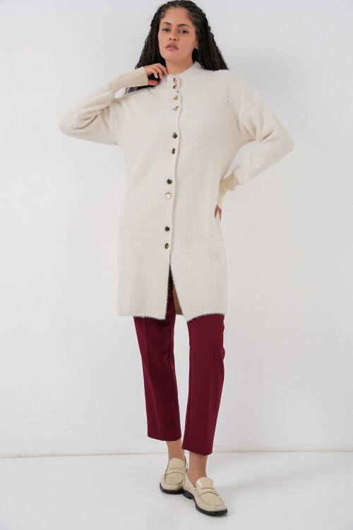 Kadın Yumuşak Dokulu Uzun Triko Hırka 15953 - Ekru