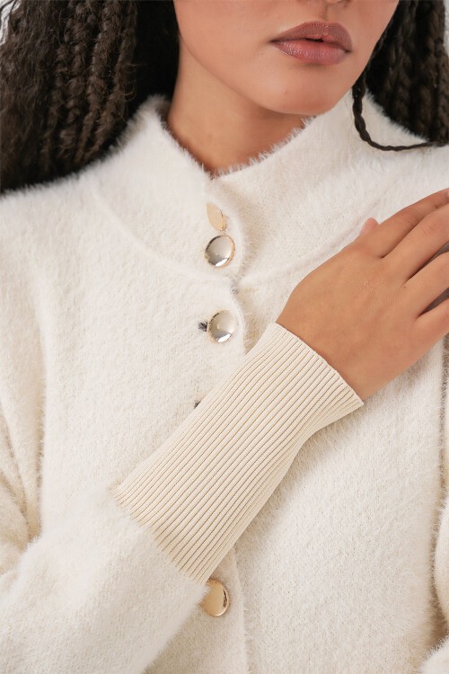 Kadın Yumuşak Dokulu Uzun Triko Hırka 15953 - Ekru