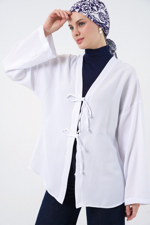 Keten Tesettür Kimono 5968 - Beyaz