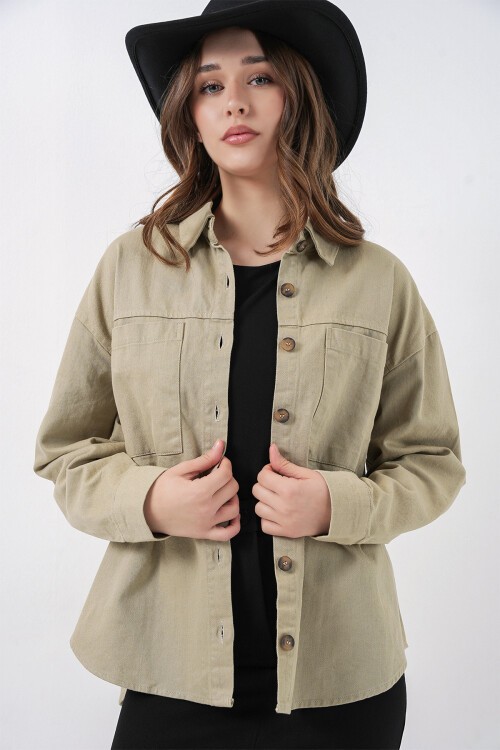 Merterium 20192 Oversize Gabardin Gömlek Ceket - Haki
