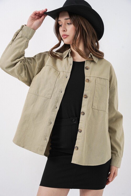 Merterium 20192 Oversize Gabardin Gömlek Ceket - Haki