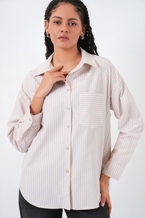 Merterium 20205 Çizgili Oversize Gömlek - Krem