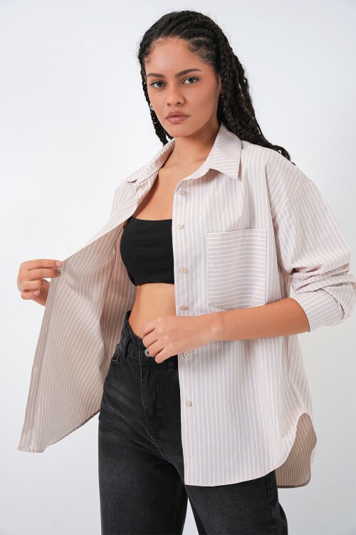 Merterium 20205 Çizgili Oversize Gömlek - Krem