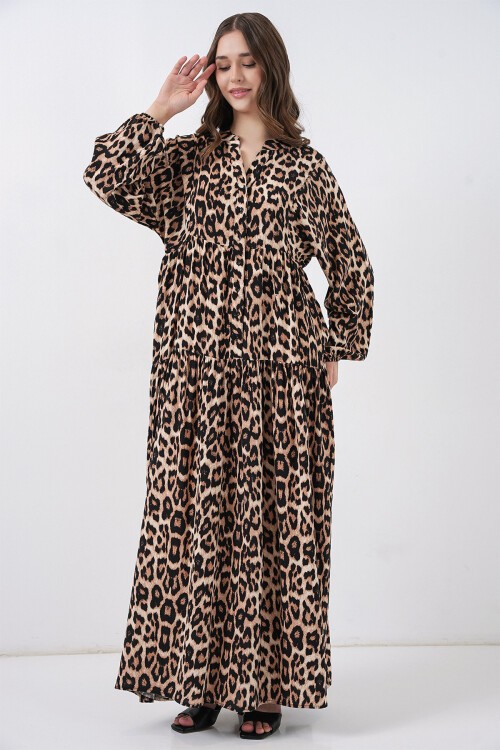 Merterium 2423 Otantik Desenli Tesettür Elbise - E. Kahve