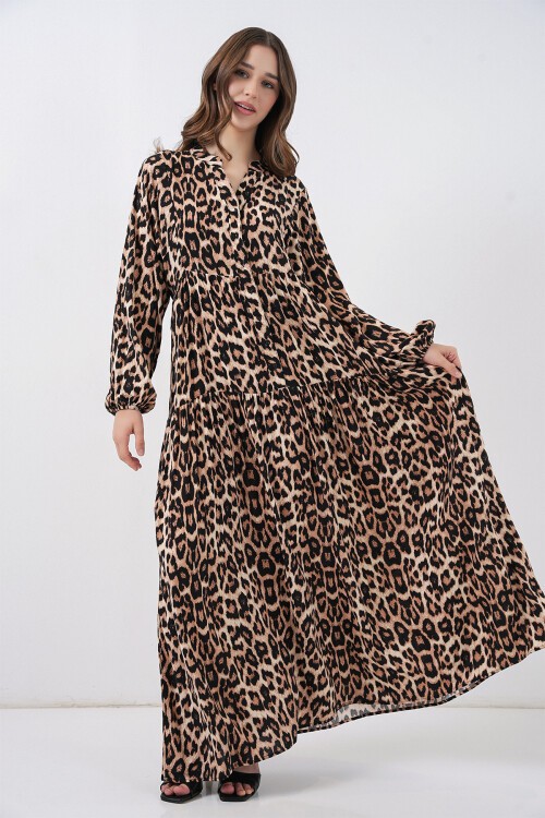 Merterium 2423 Otantik Desenli Tesettür Elbise - E. Kahve