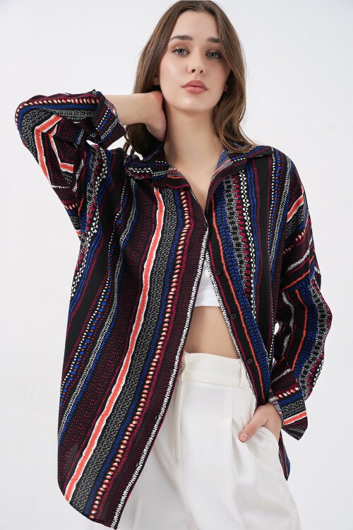 Merterium 3721 Grafik Desenli Gömlek - D.Lacivert