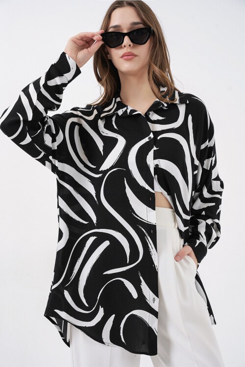 Merterium 3721 Grafik Desenli Gömlek - F. Siyah