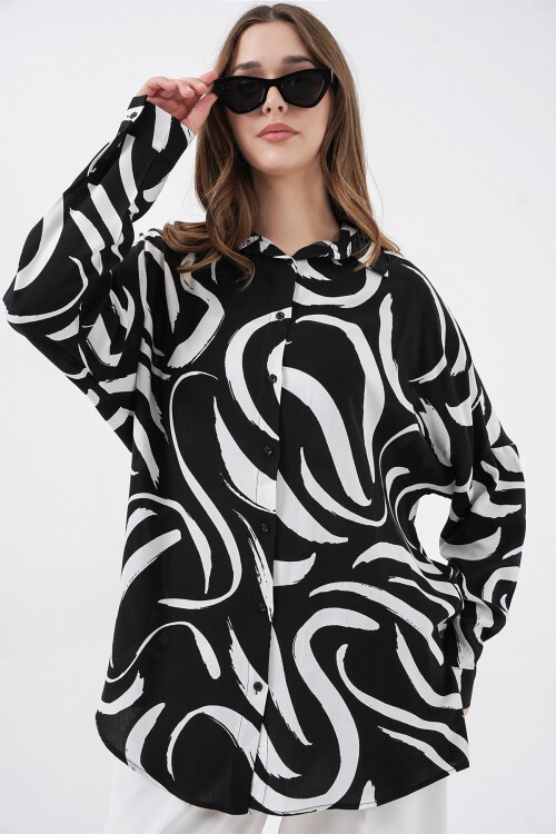 Merterium 3721 Grafik Desenli Gömlek - F. Siyah