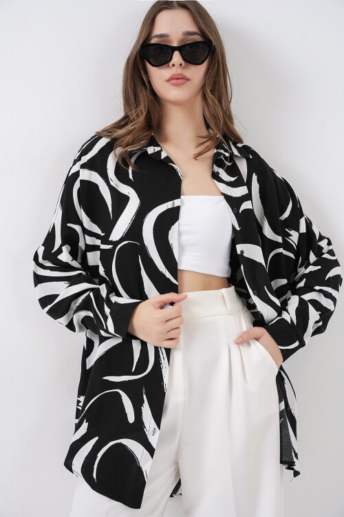 Merterium 3721 Grafik Desenli Gömlek - F. Siyah