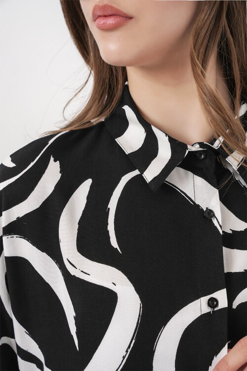 Merterium 3721 Grafik Desenli Gömlek - F. Siyah