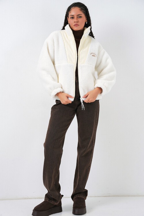 Merterium 5194 Kadın Peluş Mont Ceket - Ekru