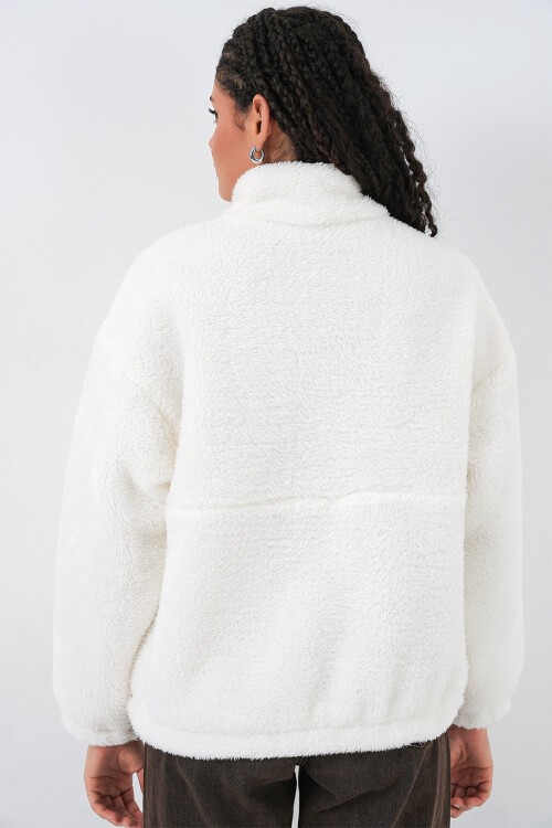 Merterium 5194 Kadın Peluş Mont Ceket - Ekru