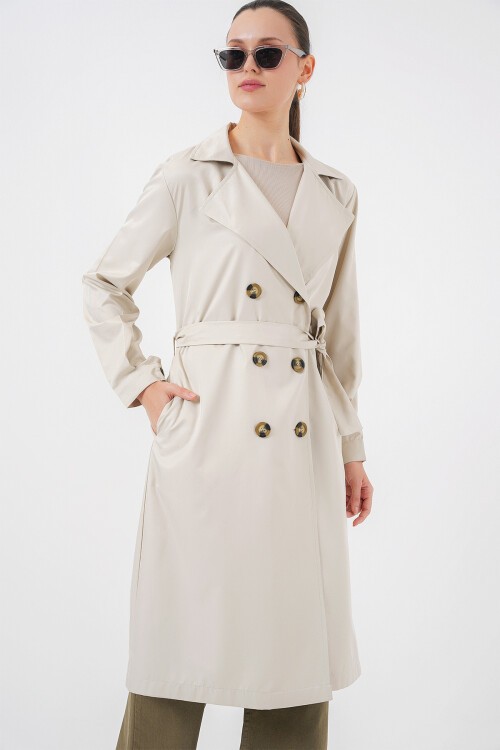 Merterium 5853 Kruvaze Yaka Arkası Baskılı Trençkot - A.Bej