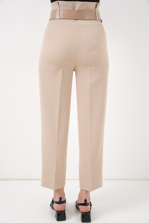Merterium 6556 Kemerli Kumaş Pantolon - Krem