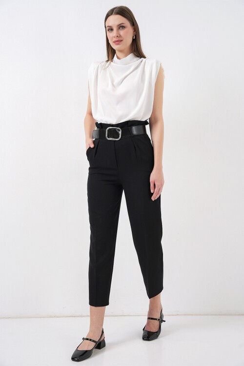 Merterium 6556 Kemerli Kumaş Pantolon - Siyah